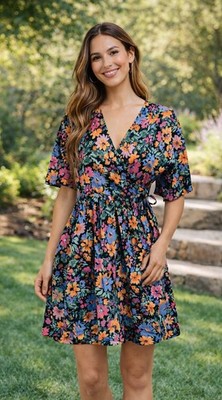 Mystic Threads Womens Floral 100% Cotton Wrap Dress Medium Black Multicolor