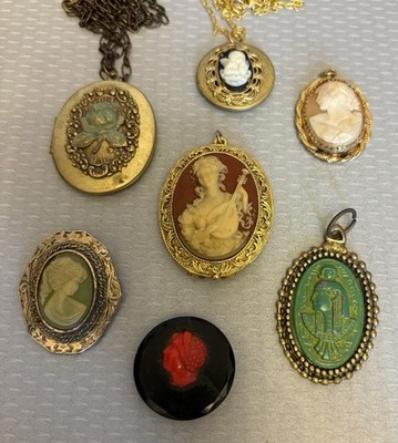 Antique Vintage Lot Cameo Lockets Pendant Brooch 7P Mixed Shell Glass Corday
