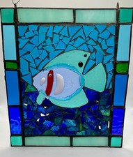 VTG Handmade Mosaic  Stained Glass Aquatic Fish Sealife Suncatcher Panel