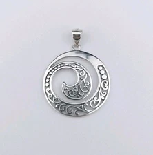 .925 Sterling Silver Oxidized Swirl Spiral Round Filigree Pendant Charm 24mm