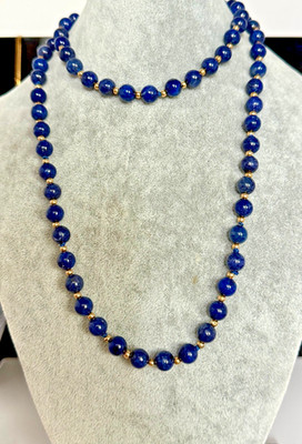 Vtg 14k Yellow Gold Ball And Natural Lapis Lazuli Beaded Bead Necklace 32''