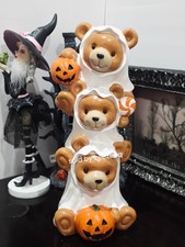 Halloween Teddy Bear Ghost Trio Figurine Pumpkin Pail Tabletop Decor 15.5"