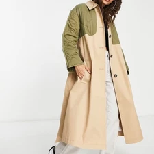 ASOS DESIGN Women's Petite hybrid quilted trench coat in khaki, UK 6