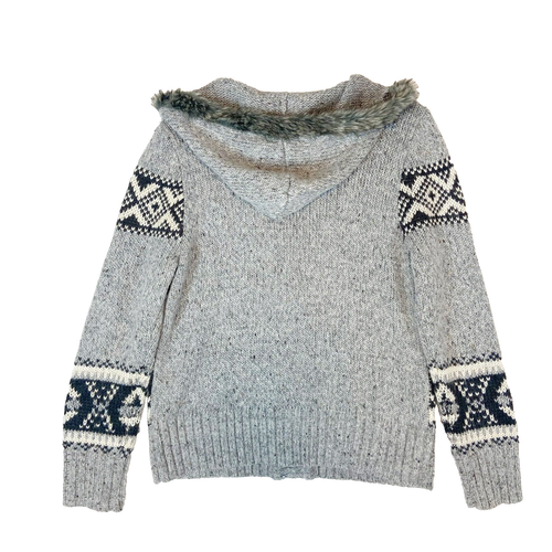 St. Johns Bay Cardigan Sweater Women's XL Gray Faux Fur Hooded Fair Isle Alpaca - Picture 2 of 5