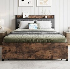 Full Queen Size Bed Frame with 2 Storage Drawers Upholstered Headboard Platform