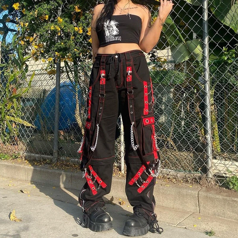 Womens Red Black Gothic Bondage Rock Punk Buckle Zips Chain Trousers Tripp  Pants