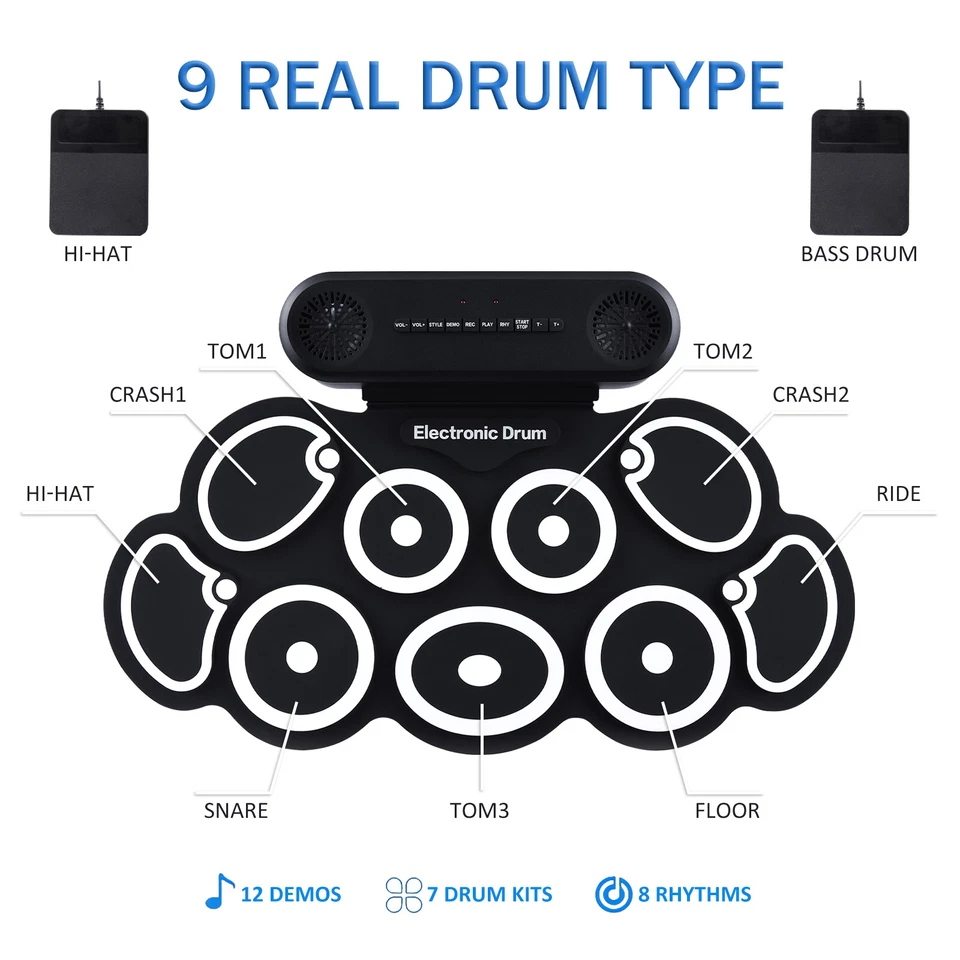 Electronic 9-Pads Digital Drum Pads USB Roll up Drum Set Silicone Electric Drum - Image 2 of 4