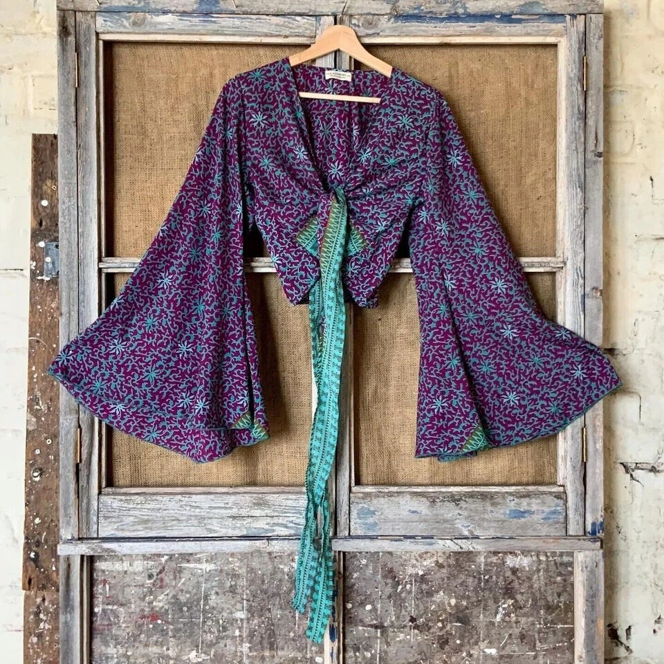 Lote de 5 piezas de ropa retro vintage india de seda sari manga campana años 60 Foto 2 de 4