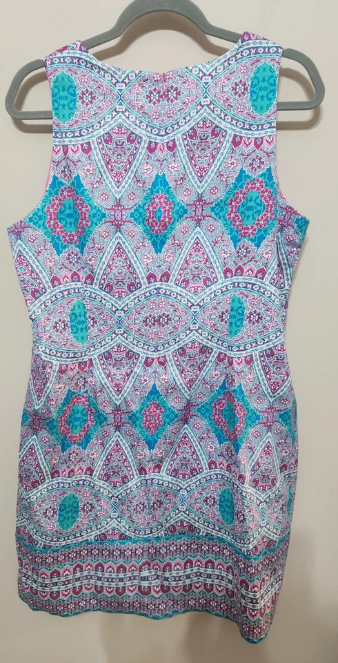 London Times 女式连衣裙 14 Shift 多色波西米亚无袖弹力棉 — 第 2/4 张图片