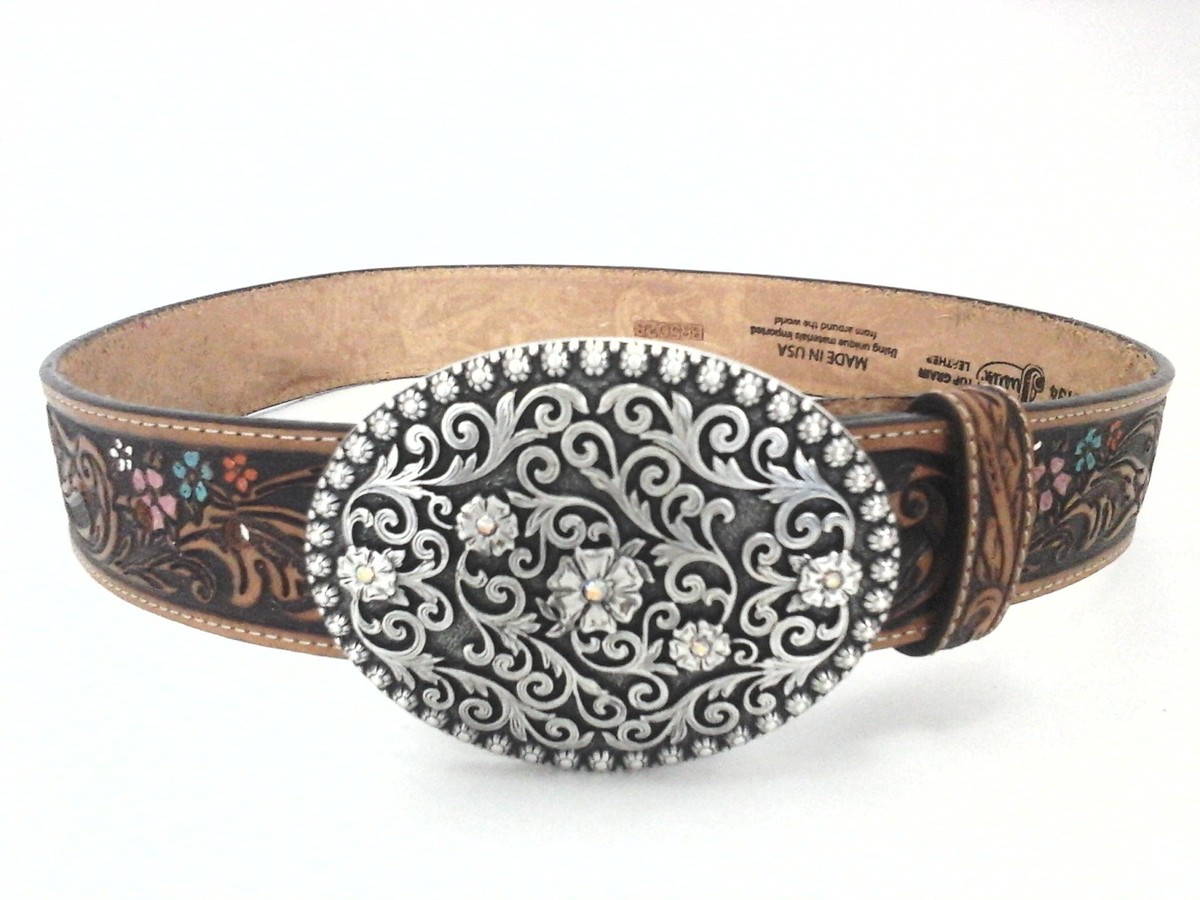 JUSTIN Belt Brown/Pink Floral Tooled Leather Oval Crystal 