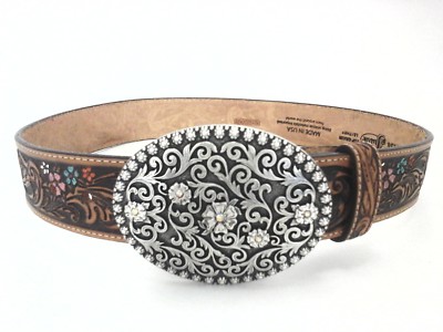Ceinture Western Justin Jeunesse Taille 16 - Cuir Grain Fleuri, Boucle Pistolet - Occasion TB