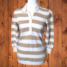 Loft Women's XXSP Striped Pullover 3/4 Puff Sleeve Partial Button Front Top