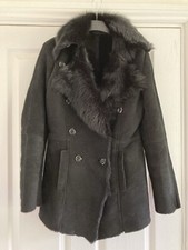 Black Shearling Coat Sheepskin Jacket Suede Lamb Uk8-10 38 Us6
