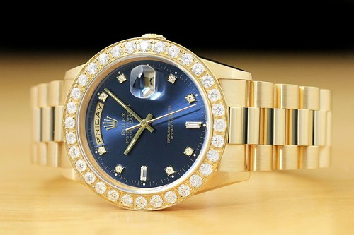 ROLEX MENS DAY-DATE FACTORY DIAL + 2.5 CT DIAMOND BEZEL 18K YELLOW GOLD WATCH - Picture 2 of 10