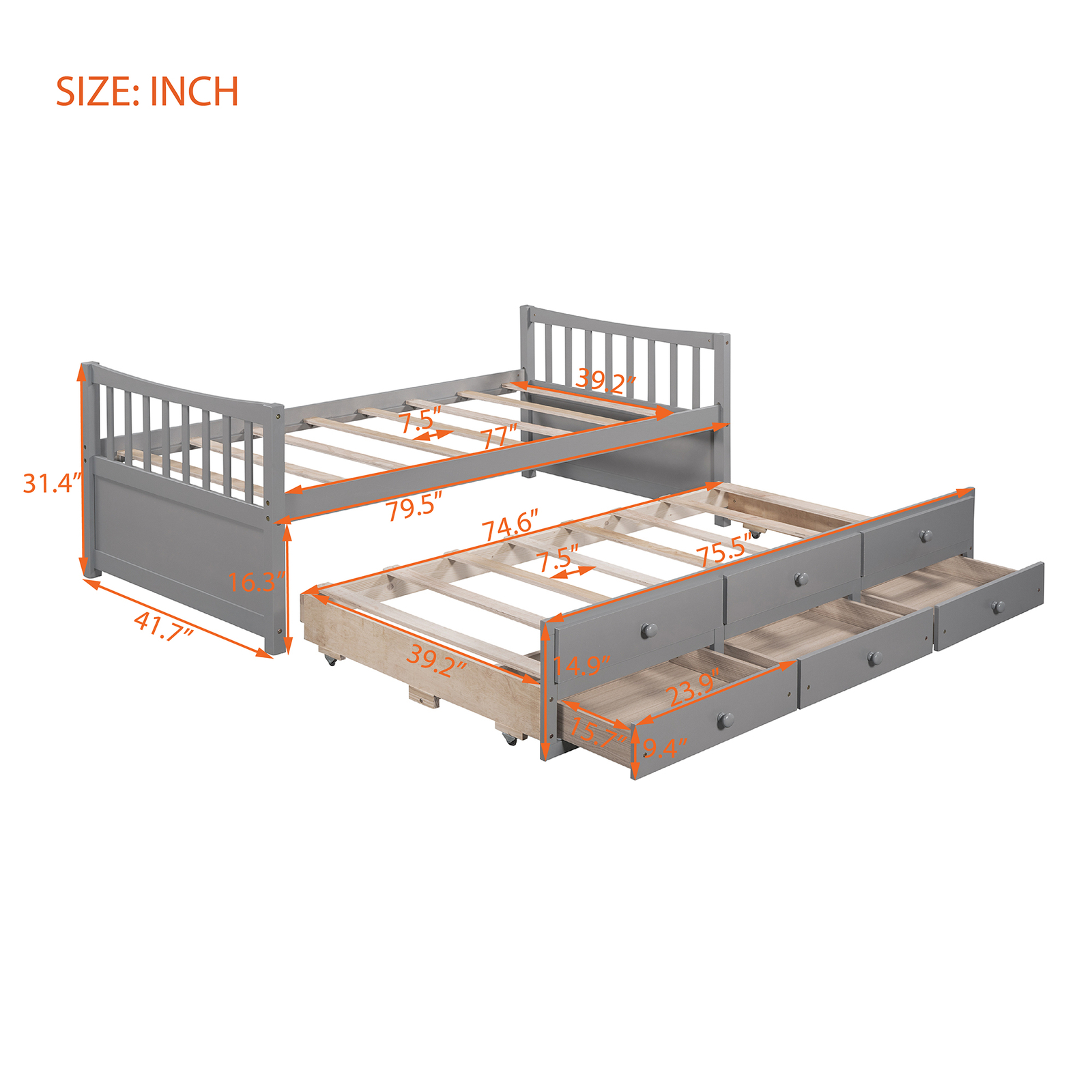 Modern Twin Size Daybed with Trundle Sofa Bed Wooden Slatted W/ 3Drawers Gray US
