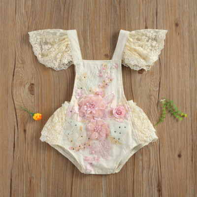 Newborn Baby Girl 3D Flower Crochet Lace Romper Backless Skirted