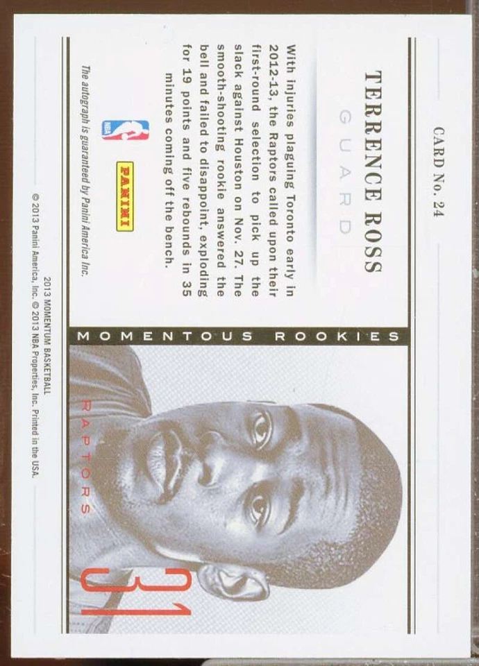 Terrence Ross Rookie Card 2012-13 Momentum Momentous Rookies Autographs #24 - Image 2 of 2