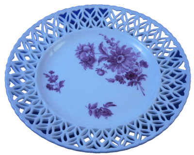 1A Antique 19thC Unknown Porcelain Puce Floral Reticulated Plate German Germany