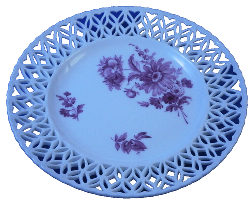 Ancien 19thC unknown Porcelaine Puce Floral Réticulé Plaque Allemande Allemagne - Photo 1 sur 13