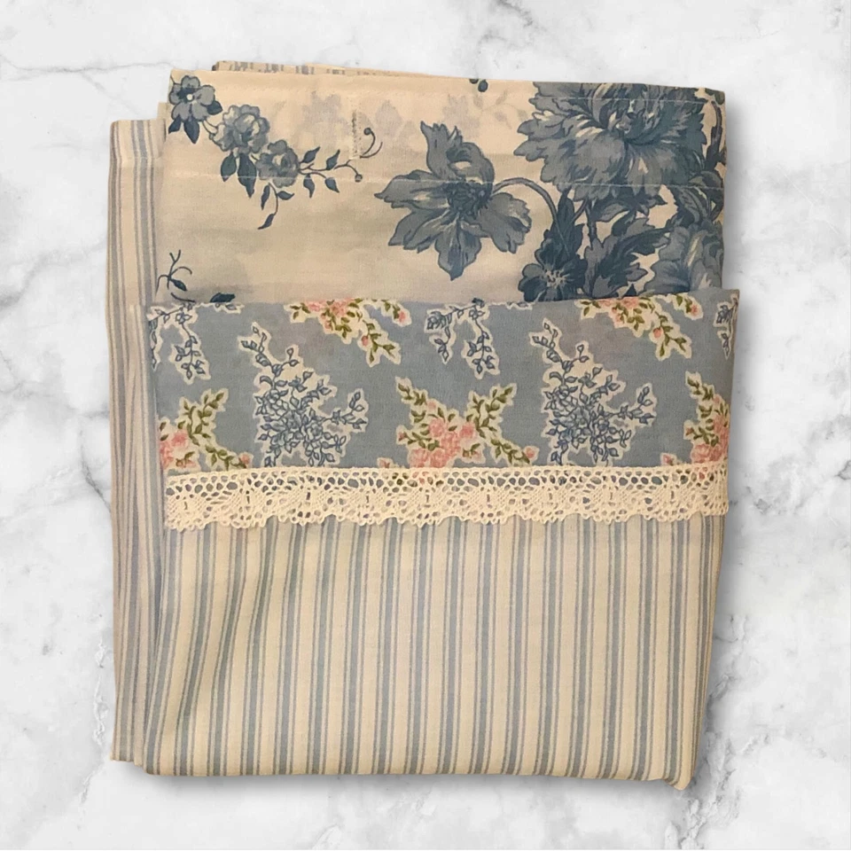 Cortina de Ducha Casa Núcleo Azul Rosa Floral Crochet Encaje Rayas Granja Foto 2 de 4