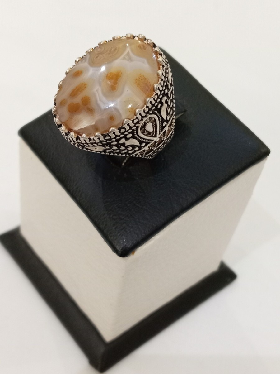 Men 925 Silver Ring Natural Yemen Agate,Rare Aqeeq Gift,عقيق