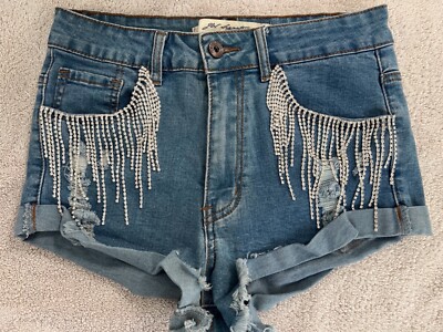 Rhinestone Fringe Denim Cutoff Shorts Women's M JW Signature