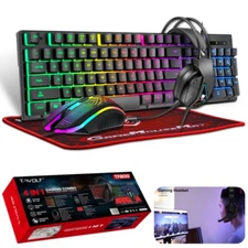 4 in 1 PC Gaming Keyboard Mouse & Headset Set RGB LED Gamer Bundle w/Mouse Pad