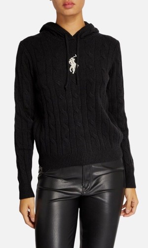 Polo Ralph Lauren Cashmere Wool Big Pony Sweater Hoodie Med Women Black Beaded