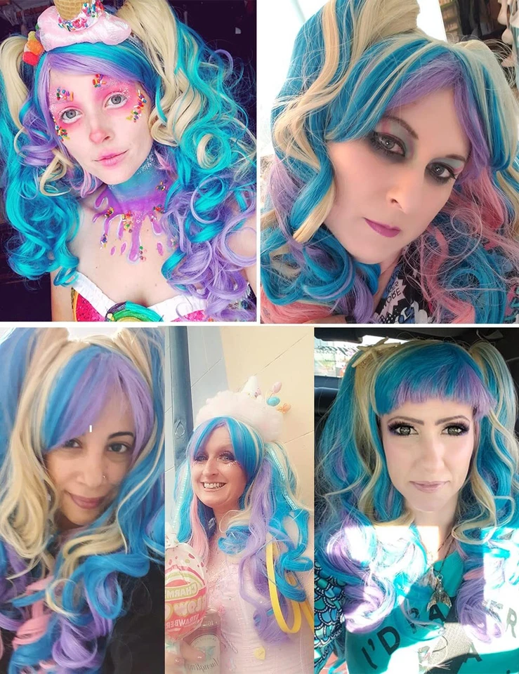 Peluca Cosplay Larga Rizada con 2 Colas de Caballo Rosa/Azul/Rubio Foto 3 de 4