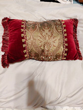 Red Gold Velvet Damask Floral Lumbar Pillow R...