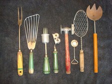 Vintage Wooden Kitchen Utensils Green  Red Handles Lot of 8