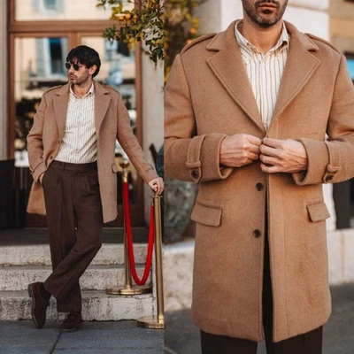 Herren Tweed Mantel Mittellange Jacke Einreihig Café Freizeit Wollmischung - Bild 1 von 4
