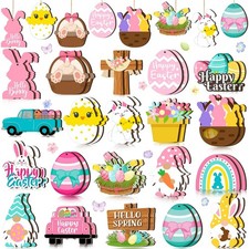 40 Pcs Easter Wooden Ornaments Easter Tree Decorations Wooden Bunny Hanging D...