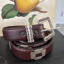 Vintage Brown Leather Belt L 46  Silver Metal Trim