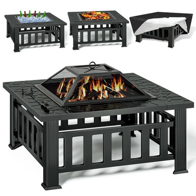 32'' Wood Burning Fire Pit Table Square Metal w/ Mesh Lid, Poker, Cover, Black