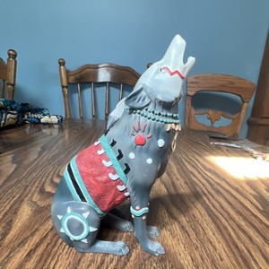 Hand-Painted Howling Wolf Figurine, Gray Red Turquoise, Southwestern Style