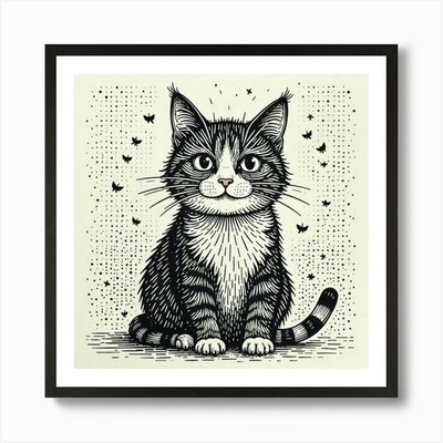 Katze Zeichnung 1 Kunstdruck gerahmt Wandbild Poster Leinwanddruck Bild