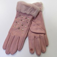 Women's Pink Faux Fur Trim Rhinestone Pearl Stud Gloves Smart Touch Finger