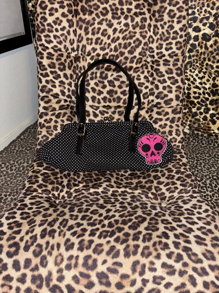 Sourpuss shoulder bag purse polka dots skull goth grunge biker punk rock pinup - Image 2 of 4