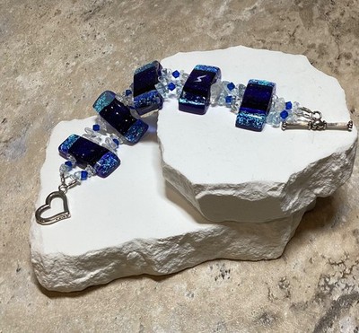 Blue Black Aqua Glass And Bead Sterling Silver 925 Heart Toggle Clasp Bracelet