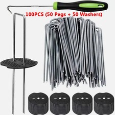 100 Weed Control Mat Membrane Pegs + Buffer Washer Pegs U-Shaped Galvanised Pins