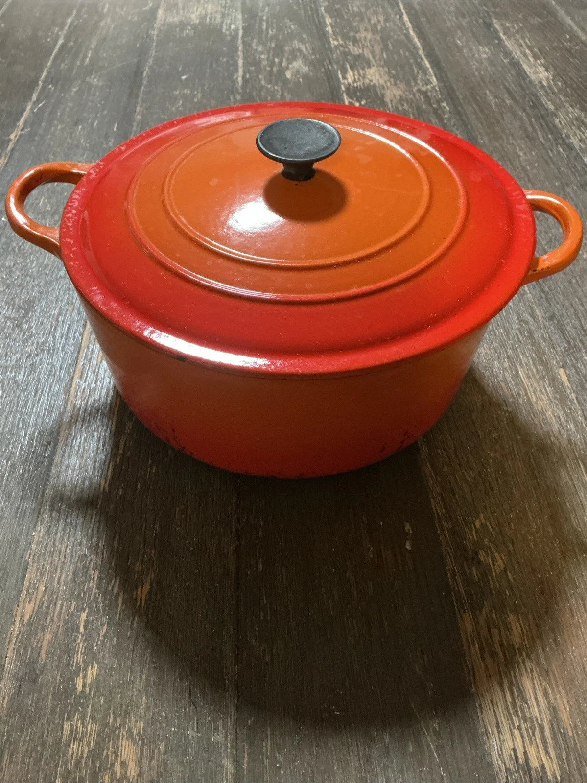 Vintage Le Creuset “E” Enameled Cast Iron Dutch Oven Round Orange Ombré