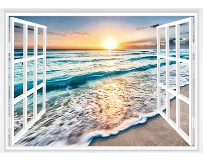 FLFK Sunset Beach Faux Window Wall Sticker Mural 48''x32'' - Peel & Stick Decor