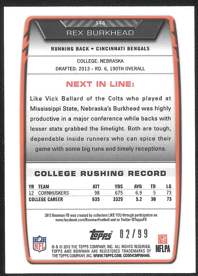 2013 Bowman Green /99 Rex Burkhead #144 Rookie RC Rare !!! - Image 2 of 2