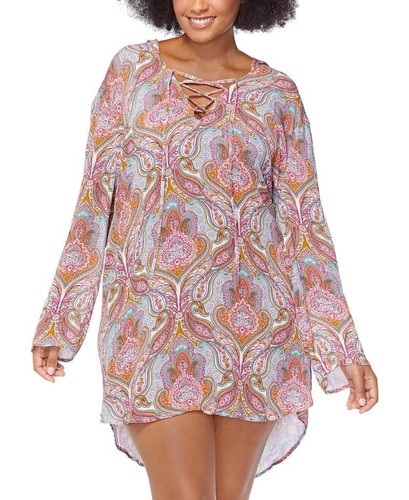 Raisins Curve Women's Multicolor Plus Size Paisley Print Hooded Cover-Up Size 1X