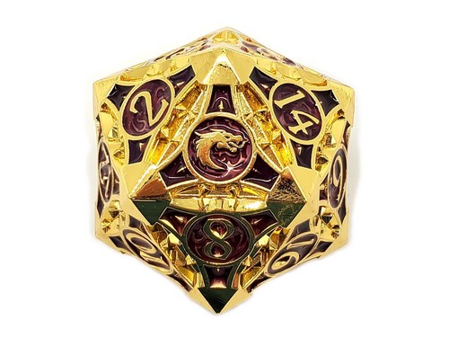 Old School Dice: Metal 40mm D20 - Gnome Forged - Gold w/ Purple - Picture 2 of 3