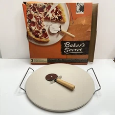 Baker's Secret 3 Piece Pizza Stone Set Incl Stone Rack and Cutter Open Box