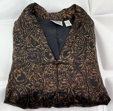 Chico's 1 Sz M SILK Brown Black Paisley Mandarin Blouse Jacket Women Oriental