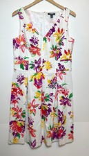 Chaps Sleeveless Dress Size 14 Spring Summer White Floral Stretch Cotton