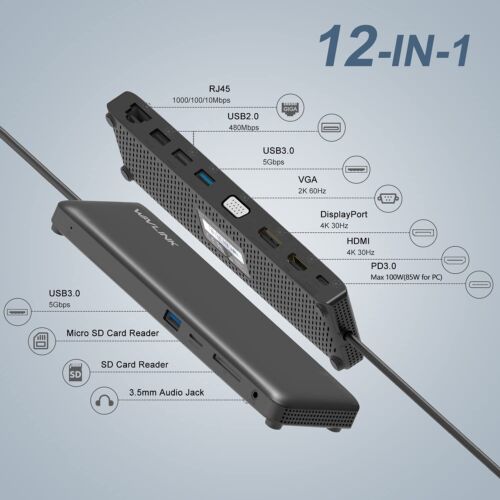 WAVLINK 12-Port-Triple-Display-USB-C-Dockingstation mit 100W-PD HDMI DP VGA RJ45 - Bild 2 von 8